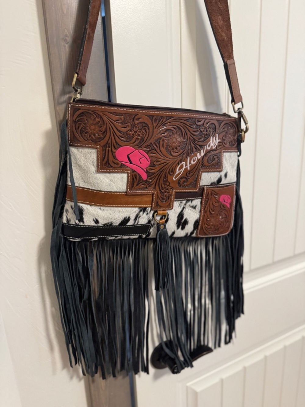 Tooled Leather Fringe Crossbody Bag in Brown, Black & White
